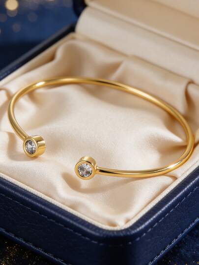 Women's Gold-Plated Open Bangle Bracelet, Adorned With Round Cubic Zirconia Stones, Minimalist Elegant Style, Suitable For Daily Commute And Workwear, An Ideal Gift For Fashion Enthusiasts