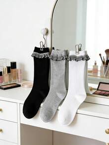 1/3双装蕾丝边中筒袜，女士舒适家居服，百搭亲肤 - 彩色 - 查看 1