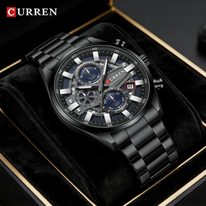 CURREN Jam Tangan Pria Fashion Quartz Chronograph Tahan Air dengan Tali Stainless Steel Otomatis, Tanggal, dan Luminous