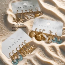 Bộ 3 đôi bông tai hình sao biển mạ vàng 14K, kiểu dáng thời trang Bohemian lấy cảm hứng từ đại dương, thích hợp cho kỳ nghỉ biển, trang sức mùa hè, quà tặng trang sức. - 3 đôi - Xem 1
