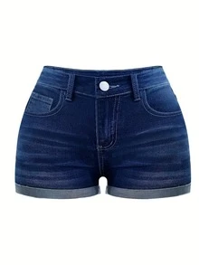 Shorts vaqueros casuales con bordado de plumas al estilo occidental y elástico para mujer - Azul lavado medio - Ver 8