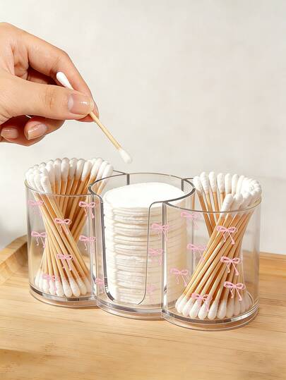 三合一透明塑料收纳盒，粉色蝴蝶结图案，双孔桌面化妆品收纳盒，双层透明化妆品收纳盒 - 现代梳妆台收纳盒，带盖，浴室梳妆台收纳盒