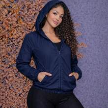 Women's Sports Jacket With Front Pockets And Hood - 藏蓝色 - 查看 7