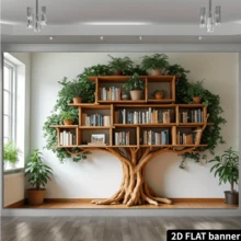 رف كتب خشبي على شكل شجرة مسطح ثنائي الأبعاد، بتصميم جذع شجرة وأرفف متعددة الطبقات مع نباتات خضراء، مناسب كخلفية للتصوير والديكور المنزلي والحفلات، للاستخدام الداخلي والخارجي، قابل لإعادة الاستخدام من قماش البوليستر بتصميم رف الكتب على شكل شجرة - A - مشاهدة 4