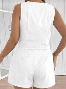 MICHLEE Women's Plus Size Set With Sleeveless Vest And Tailored Shorts - White - View 3