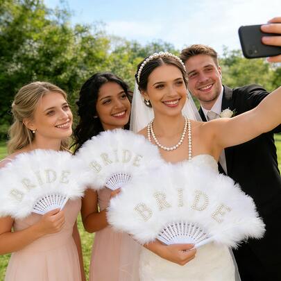 Bộ phụ kiện cưới cô dâu - Quạt lông vũ trắng + Dây chuyền ngọc trai + Băng đô ngọc trai, thích hợp cho cô dâu, tiệc cưới, tiệc đính hôn và chụp ảnh cưới, mang vẻ đẹp cổ điển và chất lượng cao cấp.