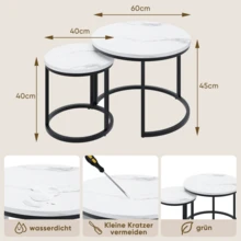 White Coffee Table 2-Piece Set / 60cm Metal Frame Round Side Table / Modern Coffee Table 2-Piece Set / Suitable For Living Room, Bedroom, Balconies, Patios, Offices, Small Spaces - White - View 2