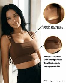 KIT 3 Cropped Feminino Regata Alça Grossa Suplex Decote Quadrado - Preto Nude Marrom - Visão 3