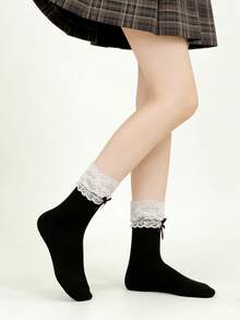 1/4 Đôi tất dài đến bắp chân kiểu Lolita ballerina mùa xuân/hè, phối ren và nơ, ngọt ngào, đa năng. - Nhiều màu - Xem 6