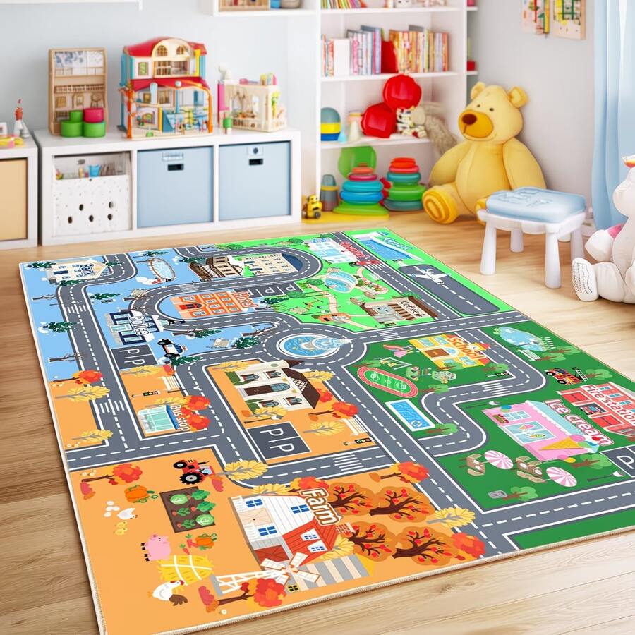 1pc Colorful Cartoon City Road Decorative Carpet, Suitable For Intellectual Stimulating Decor, Applicable For Living Room Carpet, Area Rug, Room Decor, Washable