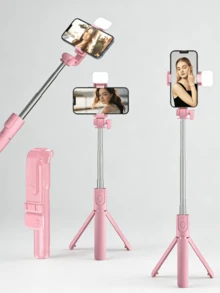 Pink Quality Bluetooth Selfie Stick Tripod With Remote Control, Adjustable Brightness LED Fill Light, Compatible With Most Smartphones, Suitable For Photography, Selfie, Video Recording, Video Conferencing, Interview, Live Streaming, Vlog, Family Gathering, Christmas Party, Handheld Selfie, Outdoor Activities, Compatible With IPhone And Android Phones, Suitable For Summer Vacation, Travel, Fill Light, Outdoor Activities, Live Streaming Spring Mother's Day Birthday - one-size - View 2