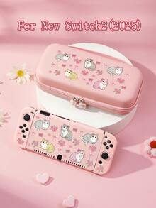 花卉蝴蝶結小貓印花 Switch/Switch 2 保護殼，相容於新 Switch 2 (2025)/Switch NS/Switch OLED/Lite，相容於 Switch 主機配件，全套組，含收納袋、卡槽底座蓋、遊戲卡盒、Switch 保護套，送給 Switch 玩家的最佳禮物 - 彩色 - 查看 1