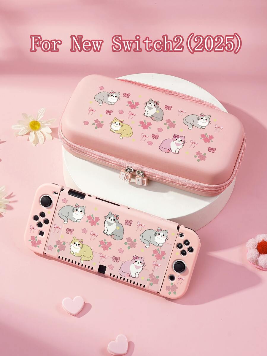 花卉蝴蝶結小貓印花 Switch/Switch 2 保護殼,相容於新 Switch 2 (2025)/Switch NS/Switch OLED/Lite,相容於 Switch 主機配件,全套組,含收納袋、卡槽底座蓋、遊戲卡盒、Switch 保護套,送給 Switch 玩家的最佳禮物 - 彩色 - 查看 1