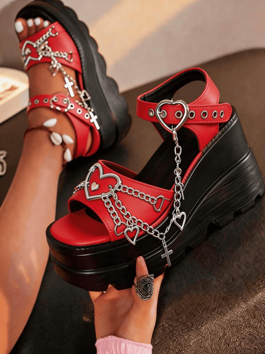 Y2K Style Punk Gothic Women's Platform Chain Sandals Red Chunky Heel Sandals With Heart & Charm Detailing Summer Open Toe Casual Sandals For Daily & Beach Vacation Shoes - Đỏ - Xem 1