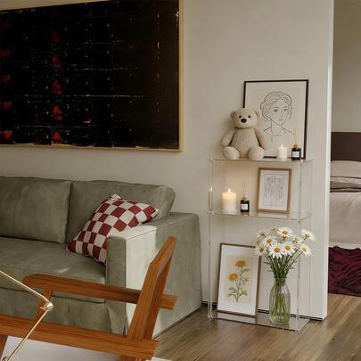 透明亚克力边桌，三层客厅咖啡桌，卧室床头柜/床边柜，家居装饰桌，框架设计，适合小空间床头柜、客厅、卧室