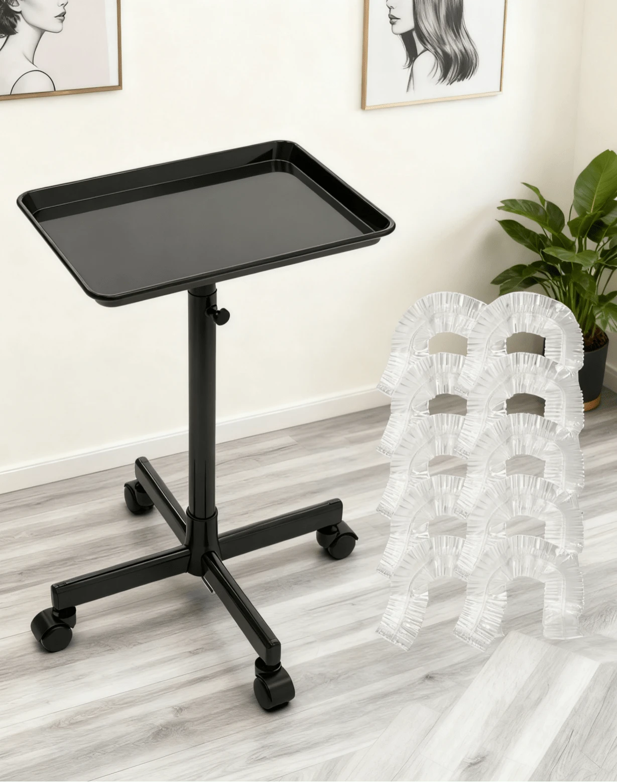 Utility Cart With Wheels Adjustable Height 30 To 42 Inches ,Salon Tray Cart With 10 Sheets Of Tray Film, For Tattoo Tray, Salon Tool/Color Tray, Beauty Spa Tray, Dentist Tray Christmas Gift - Black - View 1