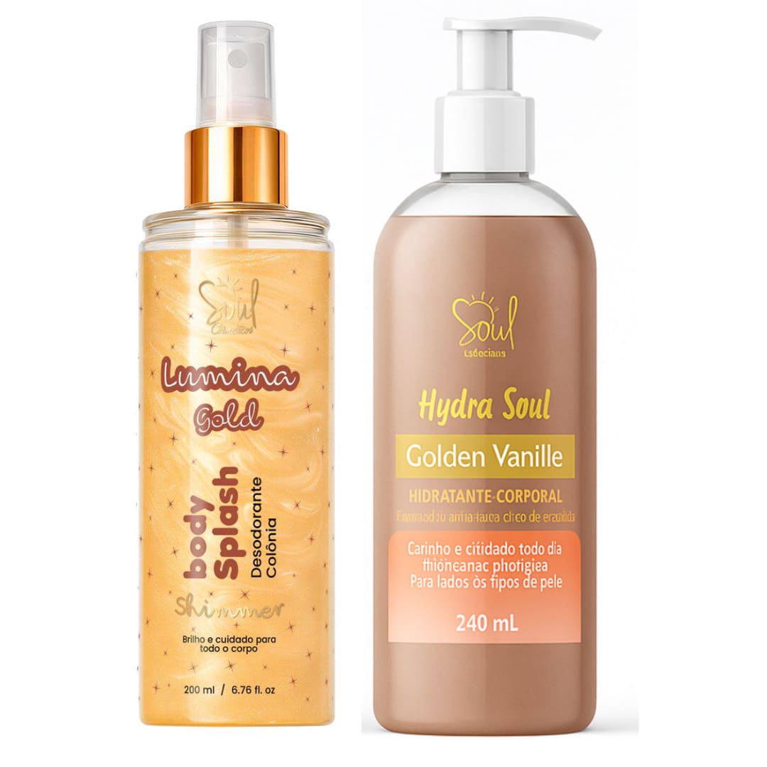 Kit Perfume Body Splash + Hidratante Feminino Lumina 200ml - Brilho Corpo (soul cosmeticos) - KIT HIDRATANTE VANILLA + BODY SPLASH GOLD - Visão 1