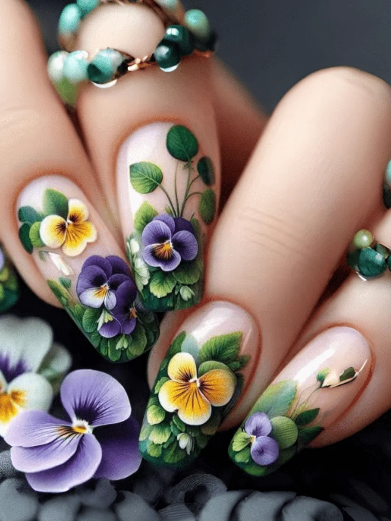 24pcs Tricolor Convolvulus Pattern Decorated False Nails - Nude Base Color Pressed Fake Nails, Nail Art Supplies, Long Fake Nails, Y2K Style - Multicolor - View 1