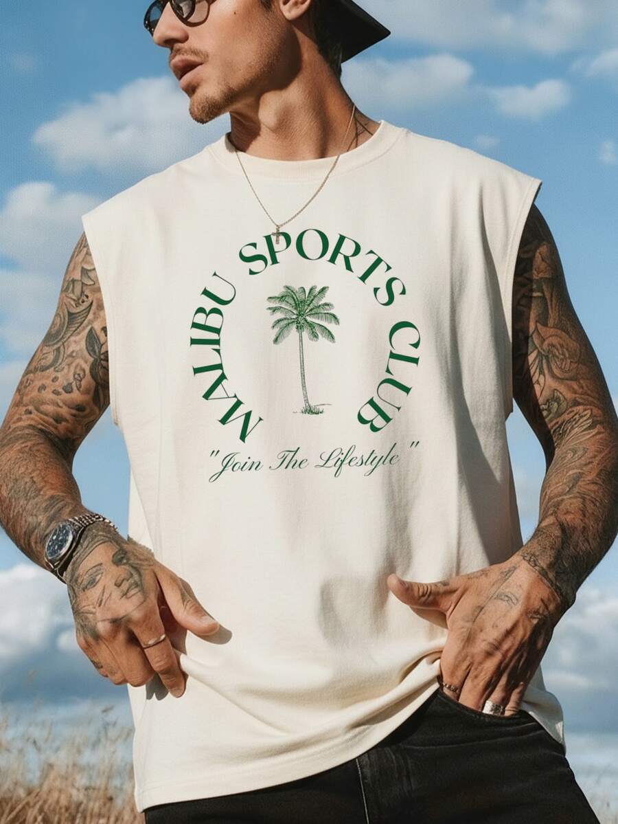 Coastal 男士夏季圆领休闲复古度假印花时尚背心，适合度假和日常穿着 - 杏色 - 查看 1
