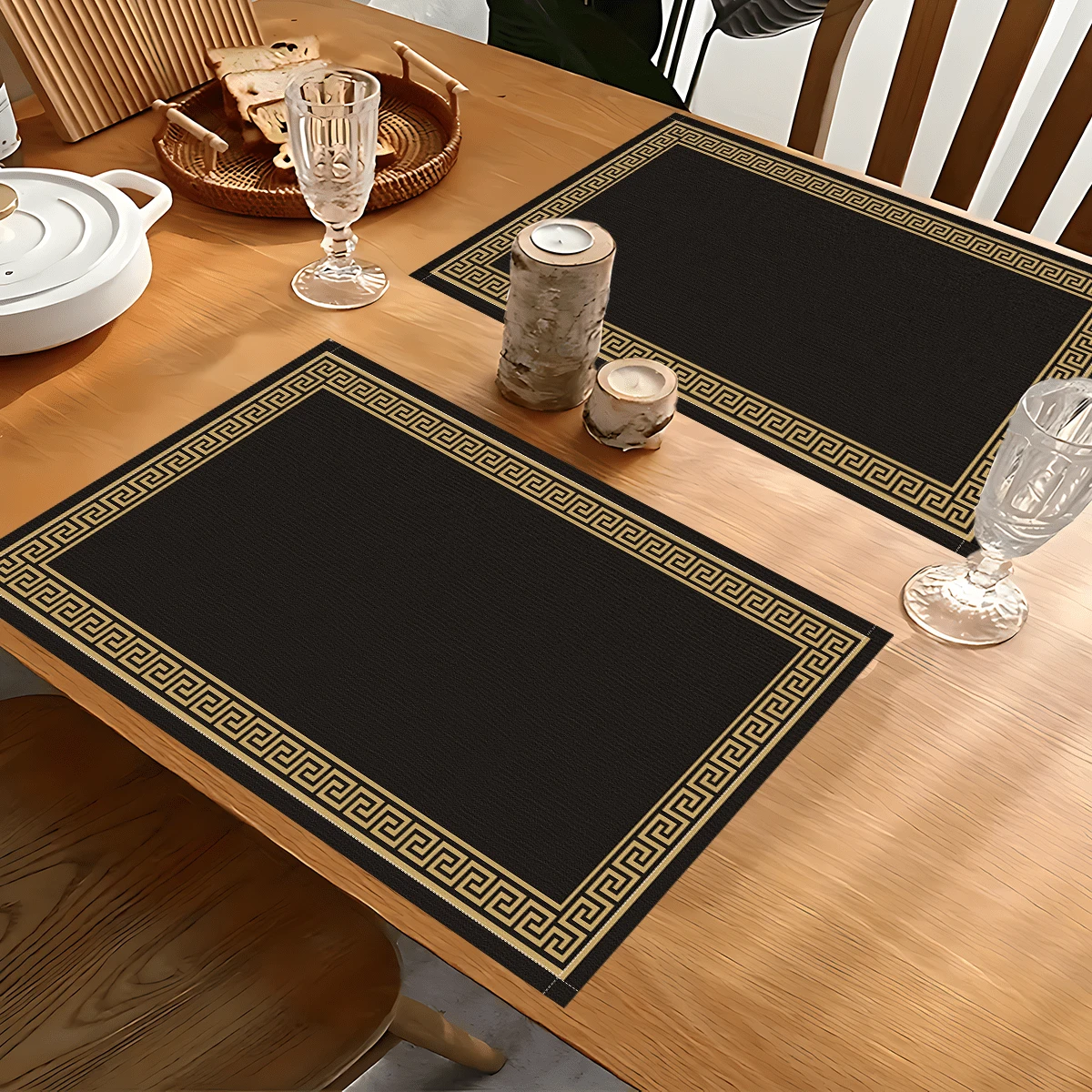 1pc/4pcs/6pcs/8pcs Greek Key Pattern Printed Linen Placemats, Suitable For Dining Table, All Season Decor, Modern Washable Table Mats, Room Decor, Coasters, Kitchen Dining Mats, Indoor Outdoor Party Decoration, Home Decor, Ideal Gift - Multicolor - View 1