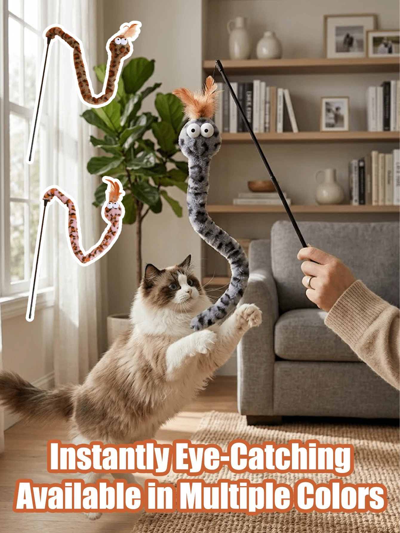 1pc Squeaky Pet Toys,Cat Wand Toy,Cat Teaser Wand,Interactive Cat Toy,Cat Feather Toys, Snake-Shaped Cat Teasers, Squeaky Paper Snake Toys, Feather Cat Teasers, Indoor Kitten Interactive Toys
