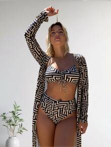 Women Knitted Fabric Bikini Set With High Waist Bottom And Spaghetti Strap Micro Crop Top Casual Elegant Drawstring Design - Đen và trắng - Xem 7