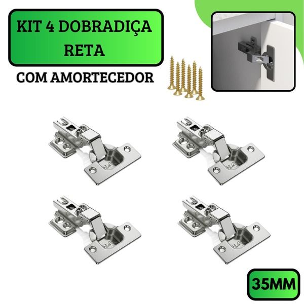 Kit 4 Dobradiça Com Amortecedor Calço Fixo Para Armários e Móveis Reta Com Parafuso - 35mm