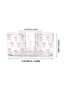 Pink Bow Pattern 3-In-1 Transparent Plastic Storage Box, Desktop Makeup Organizer Box With Double Round Holes, Transparent Cosmetic Storage Box With Dual Compartments - Modern Vanity Table Storage Box With Lid, Bathroom Vanity Organizer, Suitable For Makeup Brushes, Lipsticks - Multicolor - View 5