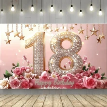1 pièce Toile de fond pour anniversaire, design de fond avec étoiles, fleurs et texte "Joyeux anniversaire 18", impression haute définition sur tissu en polyester, convient pour les fêtes d'anniversaire, les cours, la décoration murale de la maison et les fournitures de fond photographique - A - Voir 15