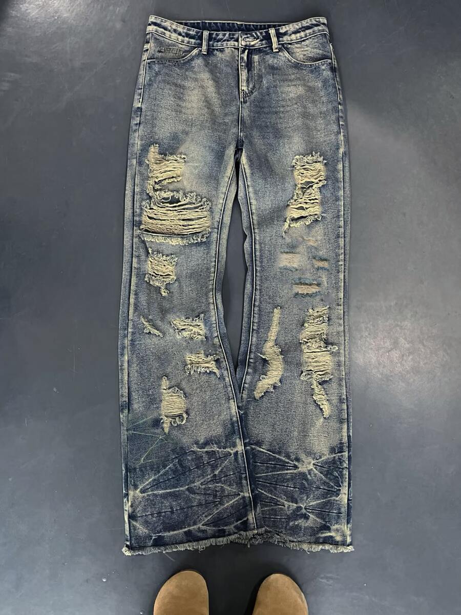 男士做旧复古水洗深蓝色阔腿牛仔裤，喇叭裤型，靴型剪裁，超长拖地裤，宽松喇叭裤，质感上乘，做旧工艺，破洞，扎染，街头风，嘻哈，Y2K风格，超大喇叭裤，整体尺寸偏大，裤长较长，建议根据自身尺寸选择小一码，超长超宽腿型 - 藍色 - 查看 1