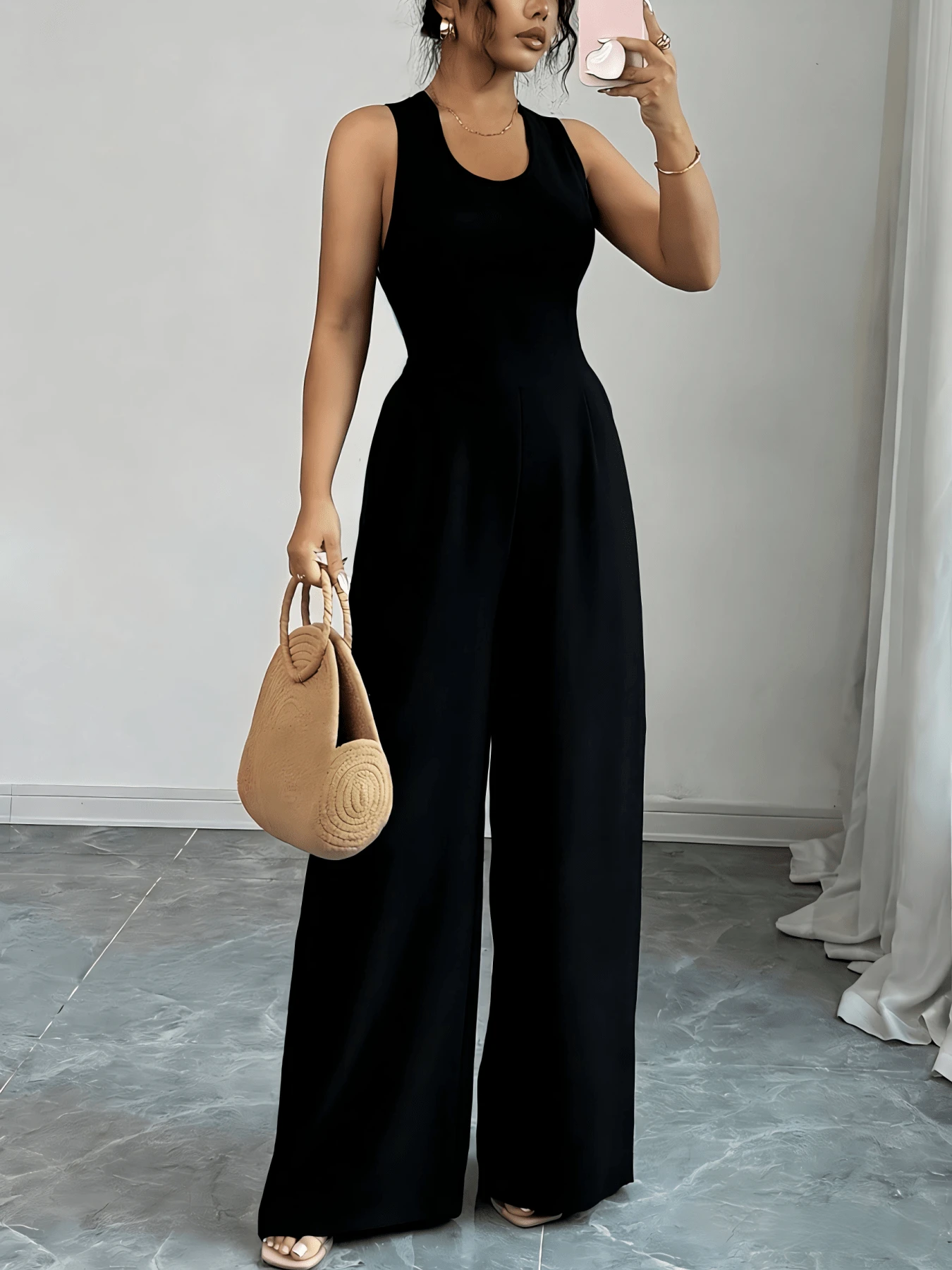 Women's Solid Color Cut Out Waist Wide Leg Jumpsuit, Sleeveless V-Neck Belted One Piece, Lightweight Textured Fabric For Spring Summer, Vacation, Party, Casual Outings, All Ages Teen & Adult, Elegant Formal Jumpsuit/Glowmode Ropa De Mujer/Cachorro Feliz/Vacation Outfits Women/Summer Outfits For Women/Summer Clothes/Spring Outfits For Women/Camping/Vacation Outfits Women/Beach/Summer Tops/Tank Tops/Tank Tops Women/Club Outfits For Women/Beach Outfits For Woman