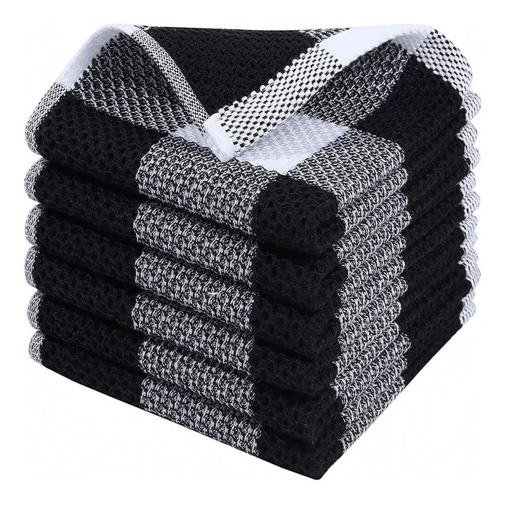 6pcs Black & White Plaid Cleaning Cloths, Waffle Texture Absorbent Cleaning Towels With Hanging Rope, Suitable For Espresso Machine Steam Wand And Essential Coffee Bar Supplies - 34*34cm - View 1