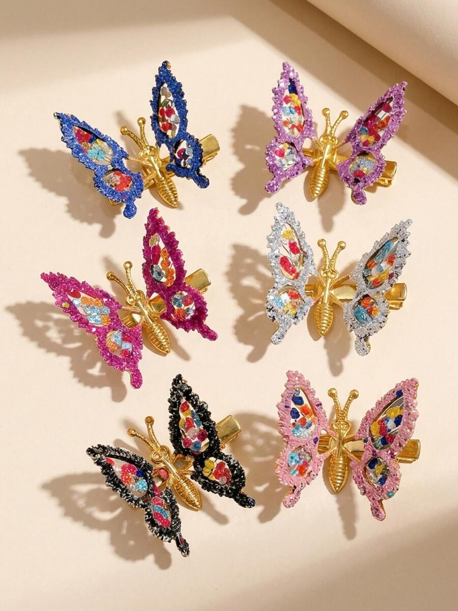 6 Exquisite Butterfly Hair Clips With A High-End Feel, Featuring Moving Designs And Ethereal 3D Rhinestone Details (The Color Of The Beads Is Random). - 彩色 - 查看 1