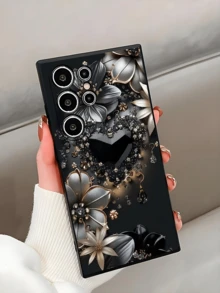 1pc Diamond Heart Floral Pattern Phone Case, Black TPU Soft Protective Cover, Compatible With Huawei Honor, Galaxy A/S Series, 6A/7A/8A, 12T/13T/14T - Black - View 3