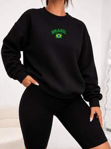Women's Sweatshirt, Cotton Ribbed Crew Neck, Winter, Printed, Brazil, Brasa, Brasuca, Copa, Seleção - 黑色 - 查看 2