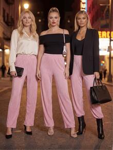 Pantalones de Mujer de Pierna Ancha con Estampado Wide Legs de Cintura Elástica - Rosa Tropical - Ver 7