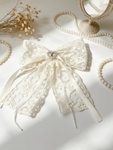 1pc Women's Fashion Lace Bow Hair Clip, Elegant Hair Accessory, Wedding Hair Decor, Suitable For Daily Outfit, Accessories, Cute Y2K Sophisticated Elegant, Best Gift, Heart-Shaped Decoration,Summer,Holiday,Travel - White - View 4