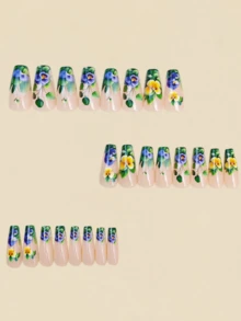 24pcs Tricolor Convolvulus Pattern Decorated False Nails - Nude Base Color Pressed Fake Nails, Nail Art Supplies, Long Fake Nails, Y2K Style - Multicolor - View 4