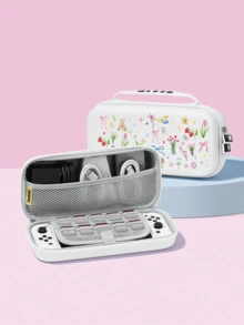 1pc Cute Bow Tie Bear & Floral Print Switch/Switch 2 Protective Case, Glitter Transparent Shell Compatible With New Switch 2 (2025)/Switch NS/Switch OLED/Lite, Switch Accessories, Full Set Including Carrying Pouch, Card Slot Base, Best Gift For Switch Players - Multicolor - View 2