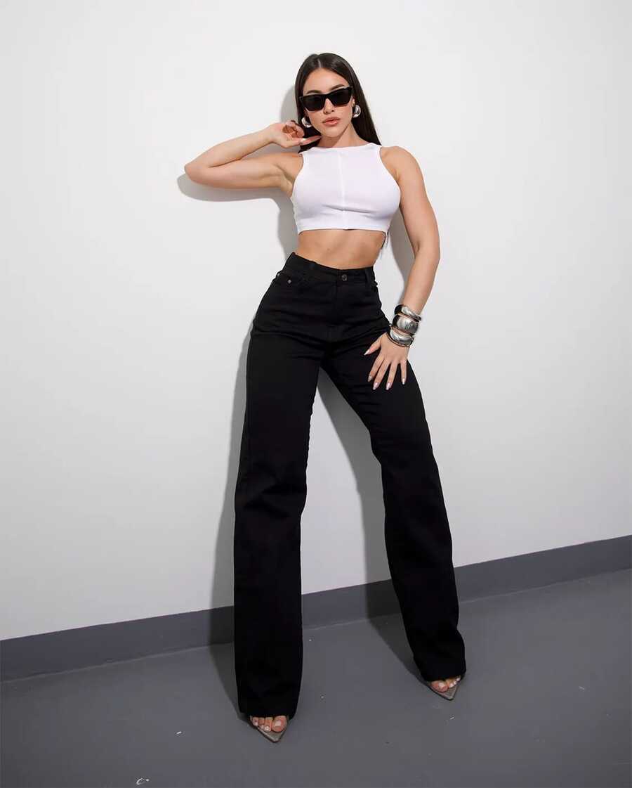 Wide Leg Jeans With Elastane - 黑色 - 查看 1