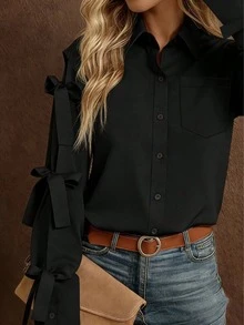 Single-Breasted Long-Sleeved Shirt With Decorative Bow, Solid White For Spring - 黑色 - 查看 3