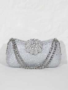 银色亮片水晶花朵手拿包 - 链条单肩包，适合晚宴 - 銀色 - 查看 4