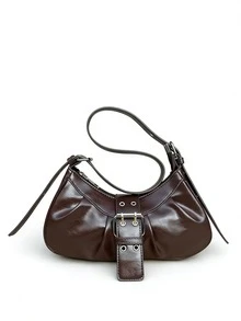5pcs Vintage Pleated Large Capacity Motorcycle Chic Shoulder Bag, Minimalist Design For Spring & Autumn - Coffee Brown - View 6