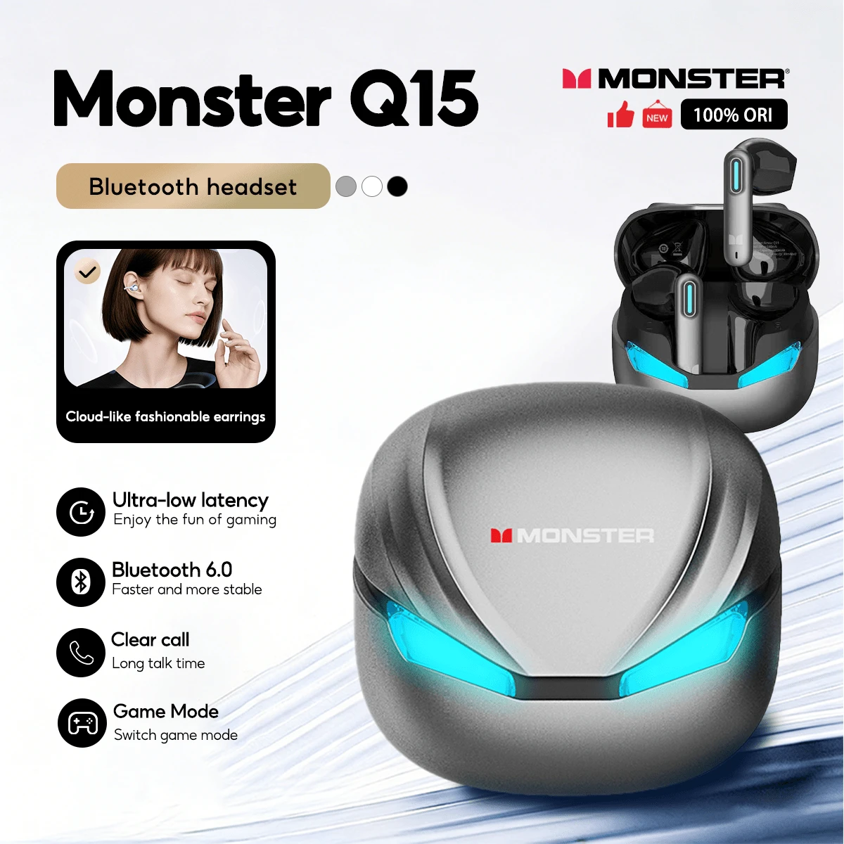 Monster Q15 蓝牙耳机，6.0 蓝牙游戏耳机带麦克风 - 查看 1