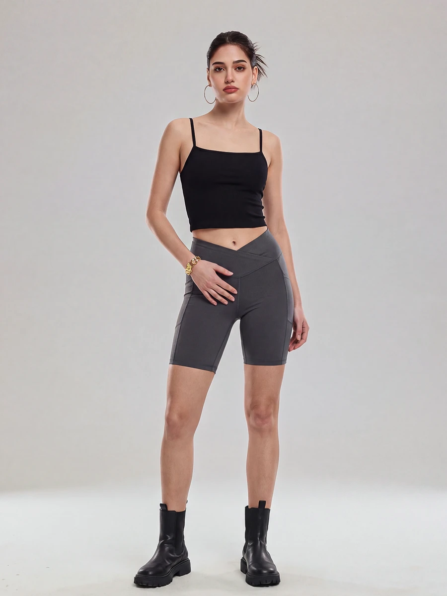 ZULIZ Quần short thể thao nữ KYRLSSU màu xám đậm, cạp chun chữ V, túi bên hông, ôm sát, thích hợp cho đạp xe, tập yoga và thể dục. - Xám - Xem 1