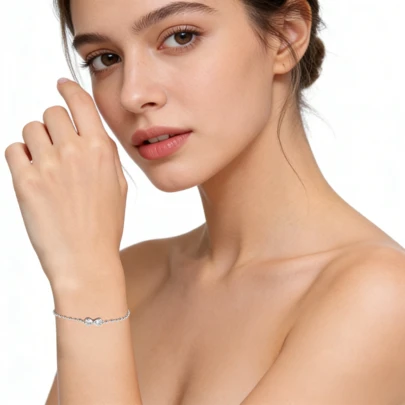 925纯银珠链蝴蝶结手链，镶嵌璀璨心形立方氧化锆，简约银手链，时尚女童配饰