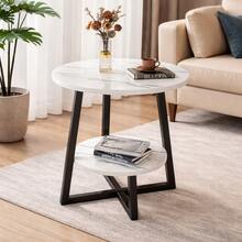 Modern 2-Tier Metal Coffee Table With Storage Shelves - Compact Round Side Table For Living Room, Balcony, Or Bedroom, White Marble Top, 3 Color Options, Perfect Holiday Gift, Coffee Table For Living Room, Balcony Organizer, Minimalist Design, Sturdy Construction, Versatile Furniture, Small Space Living - 白色 - 查看 1