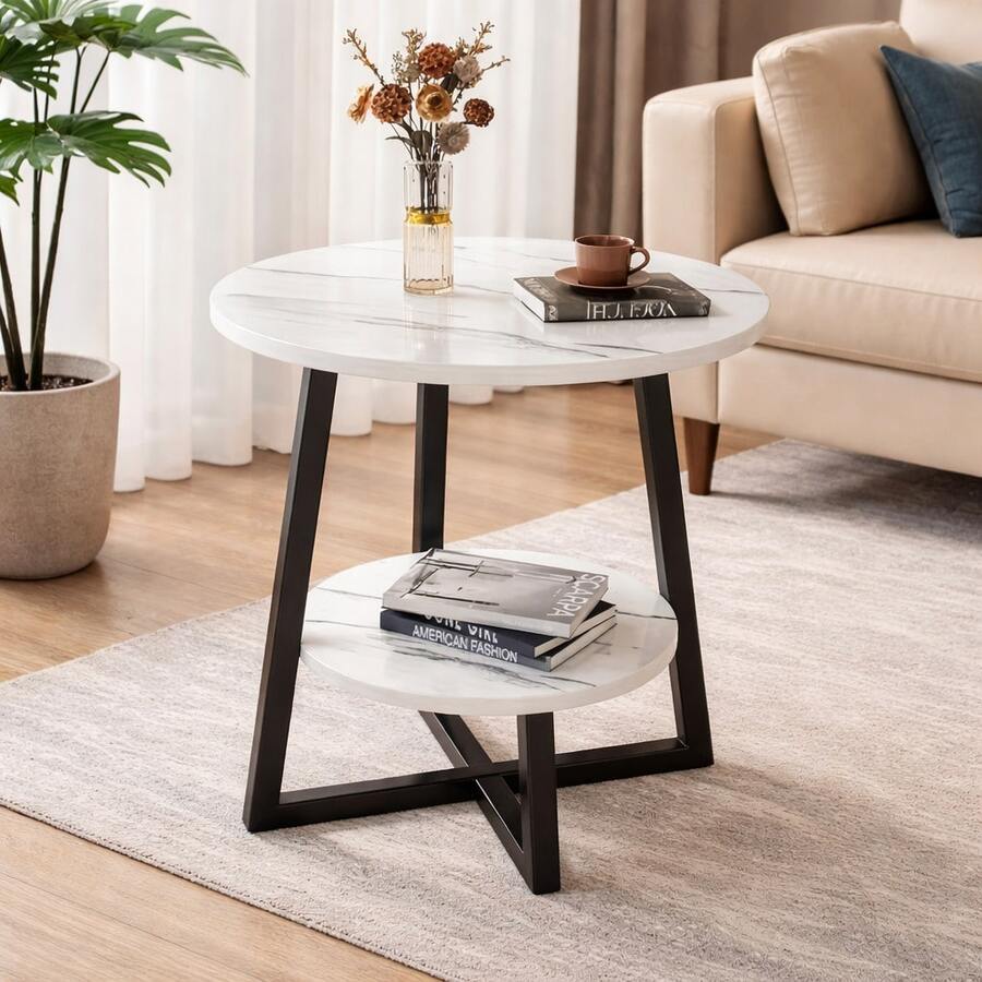 Modern 2-Tier Metal Coffee Table With Storage Shelves - Compact Round Side Table For Living Room, Balcony, Or Bedroom, White Marble Top, 3 Color Options, Perfect Holiday Gift, Coffee Table For Living Room, Balcony Organizer, Minimalist Design, Sturdy Construction, Versatile Furniture, Small Space Living - 白色 - 查看 1