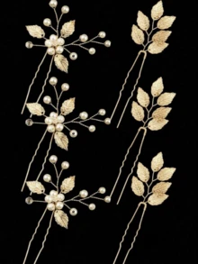 Bộ 6 chiếc kẹp tóc hình lá và hoa bằng hợp kim vàng dành cho cô dâu và dự tiệc cưới. - Vàng - Xem 2