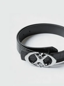 1pc Men's Fashion Personalized Double Moon & Star Buckle Belt, New Versatile Casual Waist Belt Design, Smooth Buckle Suitable For Jeans, Black Crocodile Texture Belt, Korean Retro Decor Suitable For Daily, Outing, Strolling, Party, Gathering - Multicolor - View 3